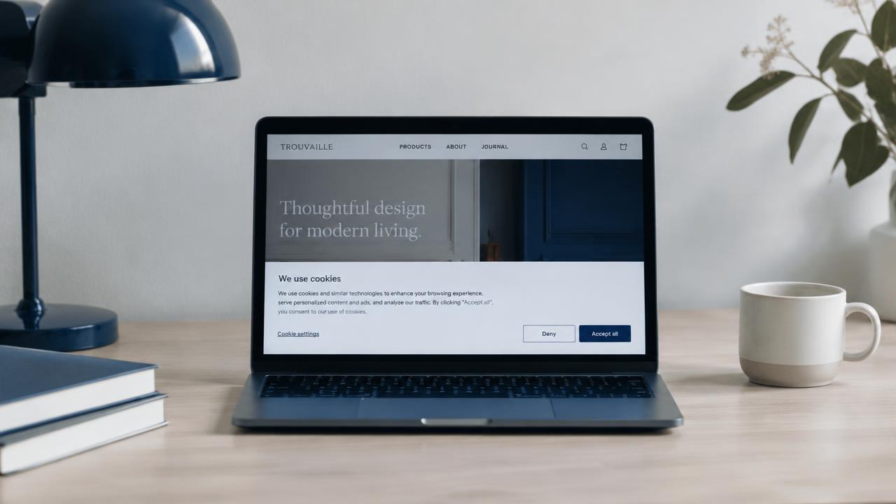 Laptop med cookiebanner på en minimalistisk hjemmeside