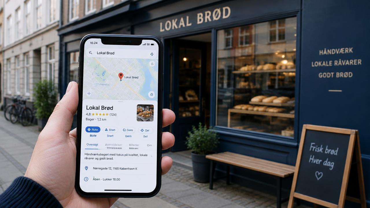 Smartphone med en lokal virksomhedsprofil og anmeldelser foran en butik