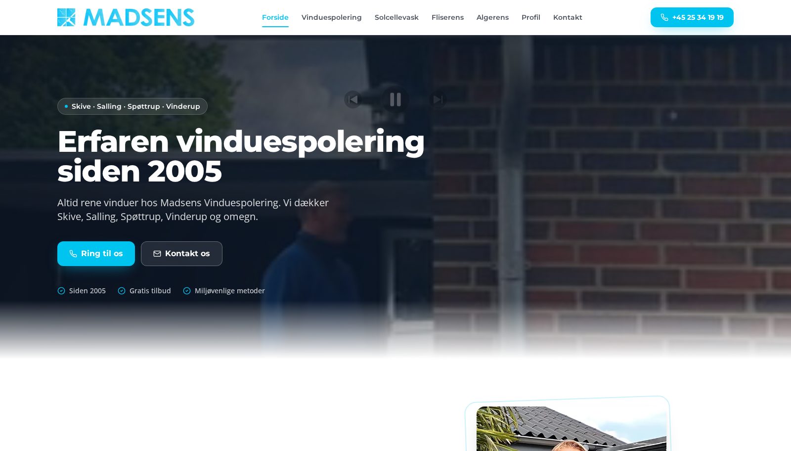 Forsiden på madsens-vinduespolering.dk med byer og telefonnummer