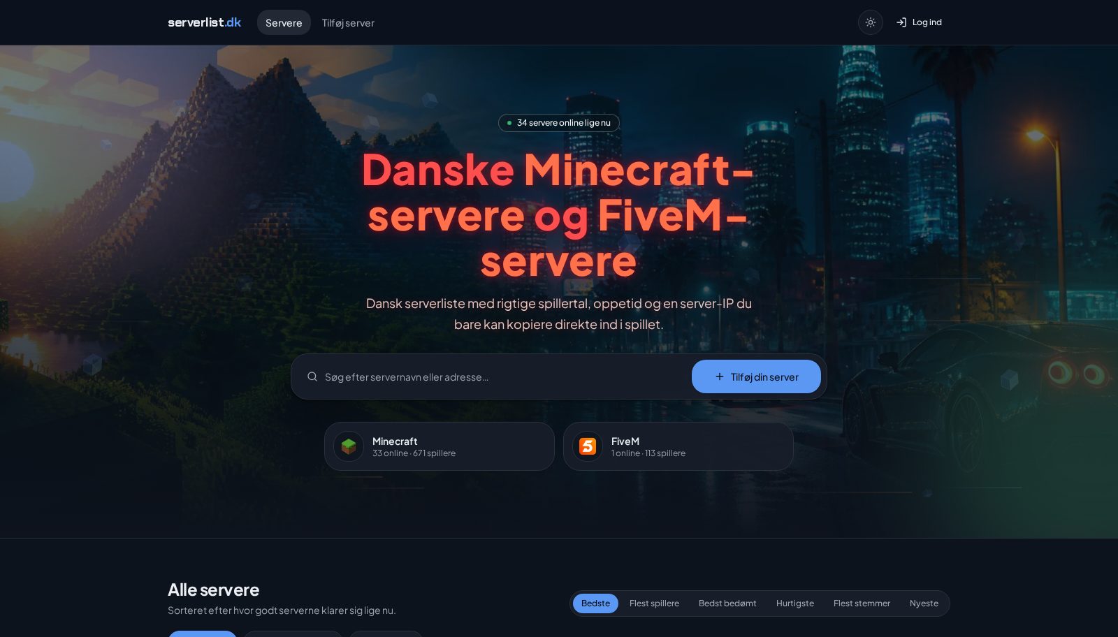 Forsiden på Serverlist.dk med antal servere online lige nu